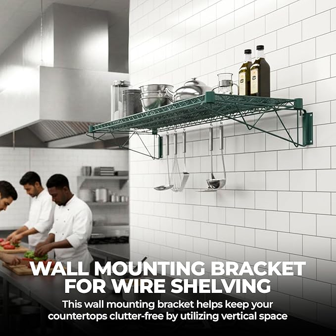 Epoxy Green Wall Mounting Bracket for Wire Shelving | 2 Brackets for Commercial, Retail or Home Use | NSF Certified | Set of 2 Brackets | (14")