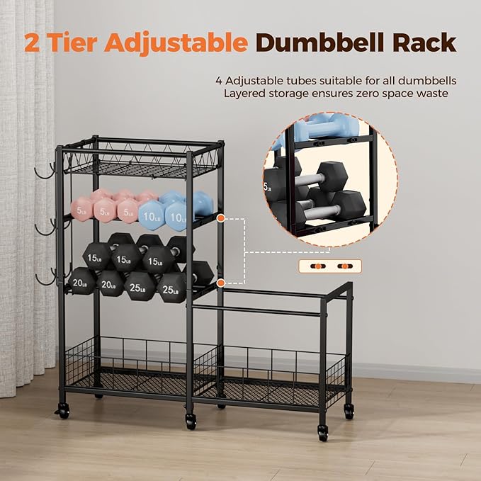 Dumbbell Rack, Home Gym Weight Rack Storage, Adjustable Dumbbell Stand Organizer with Wheels, Holds Dumbbells, Kettlebells, Yoga Mats