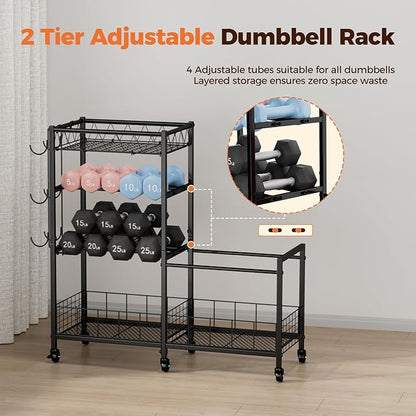 Dumbbell Rack, Home Gym Weight Rack Storage, Adjustable Dumbbell Stand Organizer with Wheels, Holds Dumbbells, Kettlebells, Yoga Mats