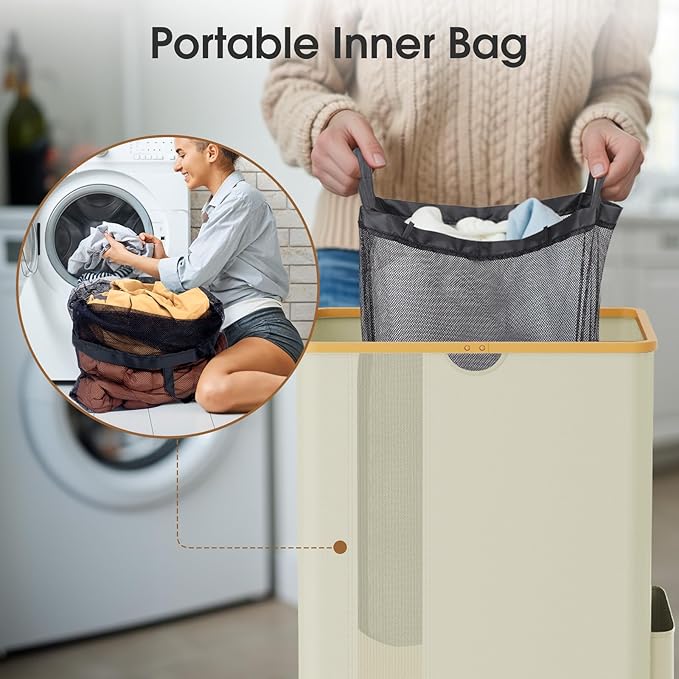 Laundry Basket Clothes Hamper with Lid and Pocket Large Collapsible Laundry Baskets with Handle, Freestanding Hampers for Bedroom Aesthetic, Dorm, Bathroom, Laundry Room (150L, Beige)