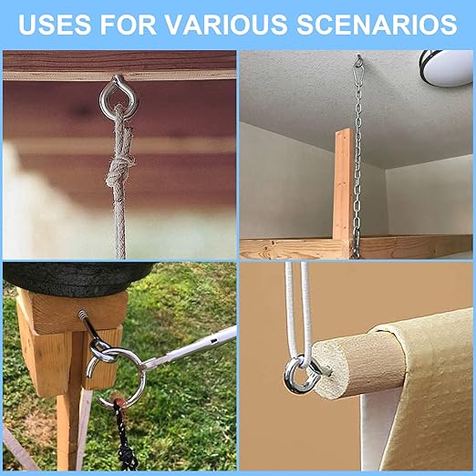 Aovchei Eye Screws, 4 Pcs 4.5 inches 304 Heavy Duty Stainless Steel Screw Hooks, Rust-Resistant Self Tapping Eyelet Bolts for Wood, Securing Cables Wires, Indoor & Outdoor for Hanging Artwork