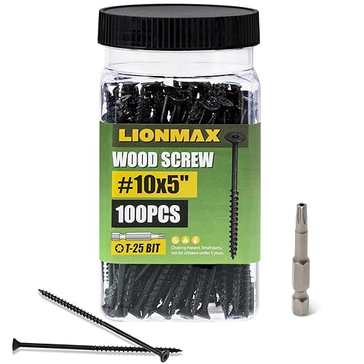 LIONMAX Deck Screws 5 Inch, Wood Screws #10 x 5, 100 PCS, Rust Resistant, Exterior Epoxy Coated, Outdoor Decking Screws, Torx/Star Drive Head Screw, T25 Star Bit Included, Black