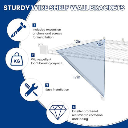 12 Inch Wire Shelf Support Brackets Kit, Includes 12 Wire Shelf Clips and 4 End Brackets, 24 Screws and 24 Expansion Tubes for Support Shelves, Closet, Wardrobe, Ledge Installation