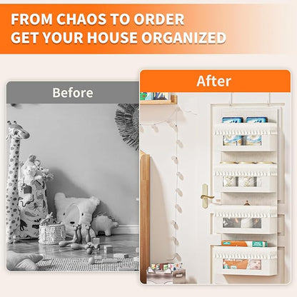 Aokeyee 4 Tier Over The Door Organizer Storage Nursery, Boho Door Organizer Hanging with Tassels and Clear Window, 55lb Behind The Door Storage for Baby Nursery, Bedroom, Bathroom, Laundry, Pantry