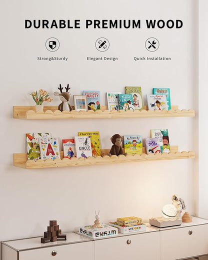 Shario Nursery Book Shelves, 4-Pack Wood Floating Shelves for Wall Kids, Scalloped Shelves, Wall Book Shelves for Bedroom Kids, Toddler Room, Baby Room, Nursery Decor(Wood, 36 Inches)