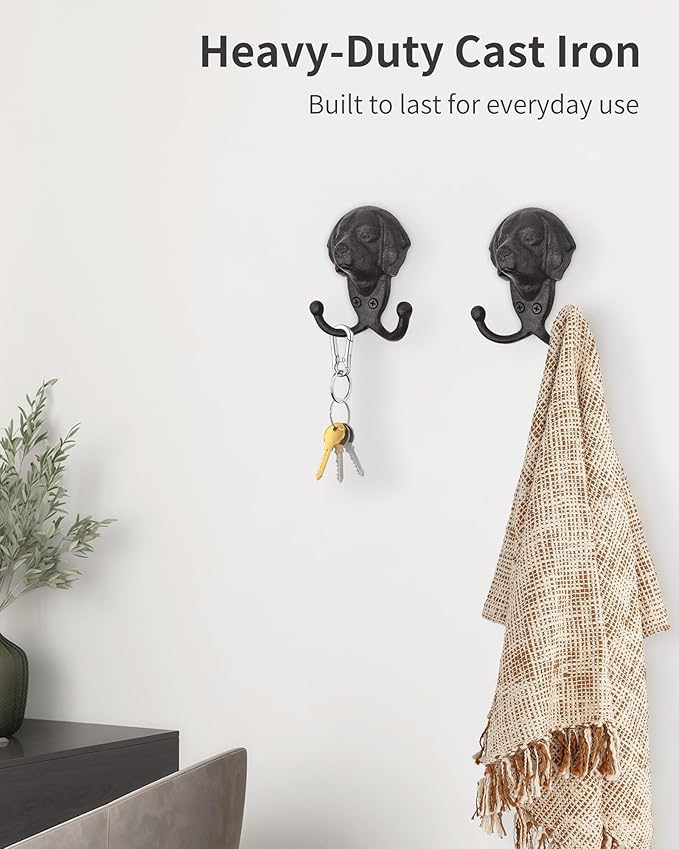 Cast Iron Wall Hooks - Rustic Dog Head Leash Holder, Wall Mount Coat Hooks, Heavy Duty Double Key Hook, Decorative Vintage Hanger for Entryway, Mudroom, Farmhouse Animal Decor 1 Pack