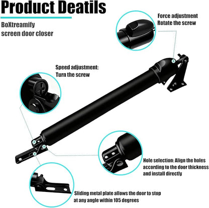 Storm Door Closer&Screen Door Closer Kit, Equipped with Press & Stay Function, Supports Adjustable Speed and Gentle Quiet Closing Action - for Medium & Lightweight Storm Doors
