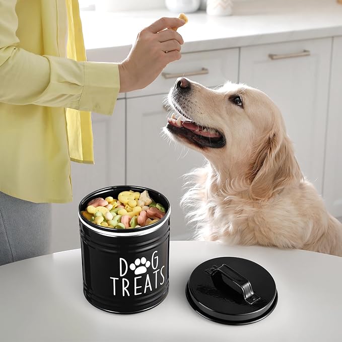 Large Dog Treat Container Airtight - 6.6" Tall X 6" Round Black Dog Treat Jar for Kitchen Counter - Rustic Treat Storage Canister for Dogs, Cats, Small Animals