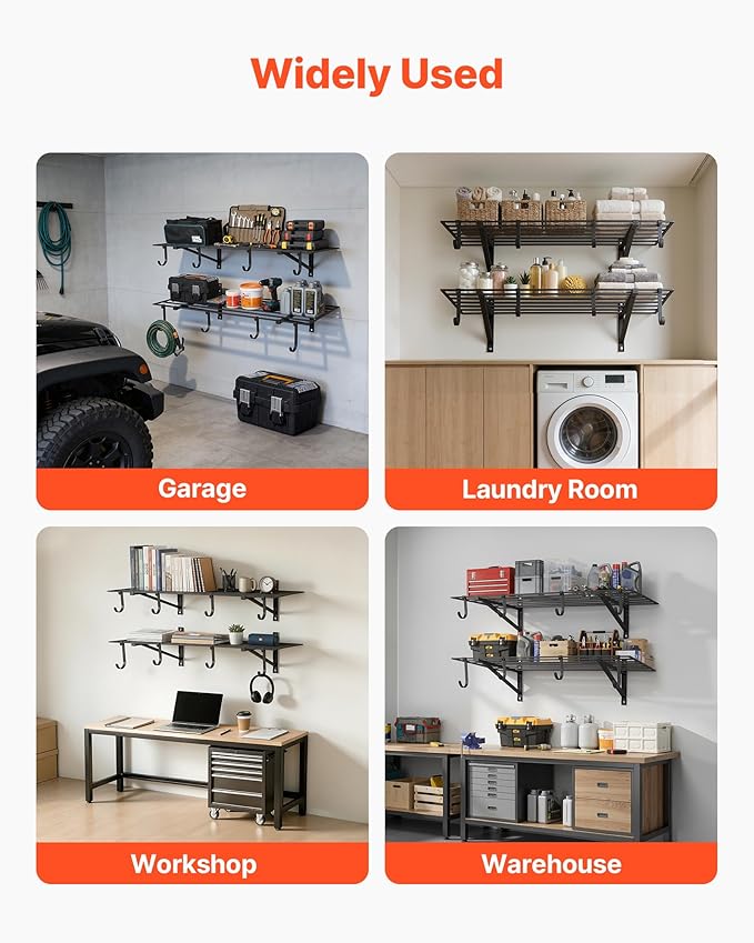 VEVOR 2-Tier Heavy Duty Wall Garage Shelving, 2 x 4 ft Steel Wall Mounted Shelving Unit with Hooks, 24 x 48 Inch Per Shelf Floating Storage Metal Rack for Garage, 520 lbs Total Weight Capacity, Black