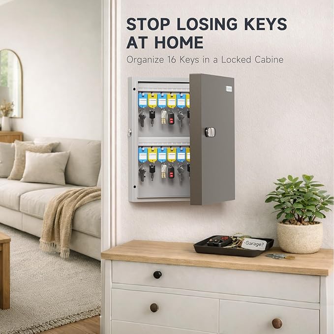 WeHere 32 Key Lock Box - Wall Mounted Key Cabinet with 3-Digit Combination Lock & Backup Key, Key Organizer Lockbox for Home, Office, Rental, Property Management, Includes Key Tags