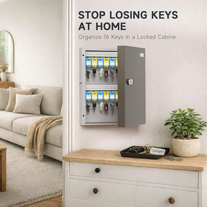 WeHere 32 Key Lock Box - Wall Mounted Key Cabinet with 3-Digit Combination Lock & Backup Key, Key Organizer Lockbox for Home, Office, Rental, Property Management, Includes Key Tags