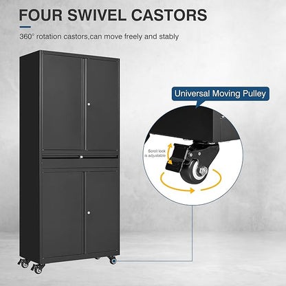 Black Metal Storage Cabinet with Wheels, 73" Tall Garage Rolling Storage Cabinets with Doors and Shelves, Lockable Tool Caninet Steel Locking Cabnets for Home Office, Garage, Pantry