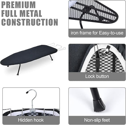 Tioncy Metal Foldable Tabletop Ironing Board with Iron Rest, Metal Portable Ironing Board Small with Heat Resistant Cotton Cover and Mini Non Slip Feet for Home Laundry Rooms Dorms Travel(Black)