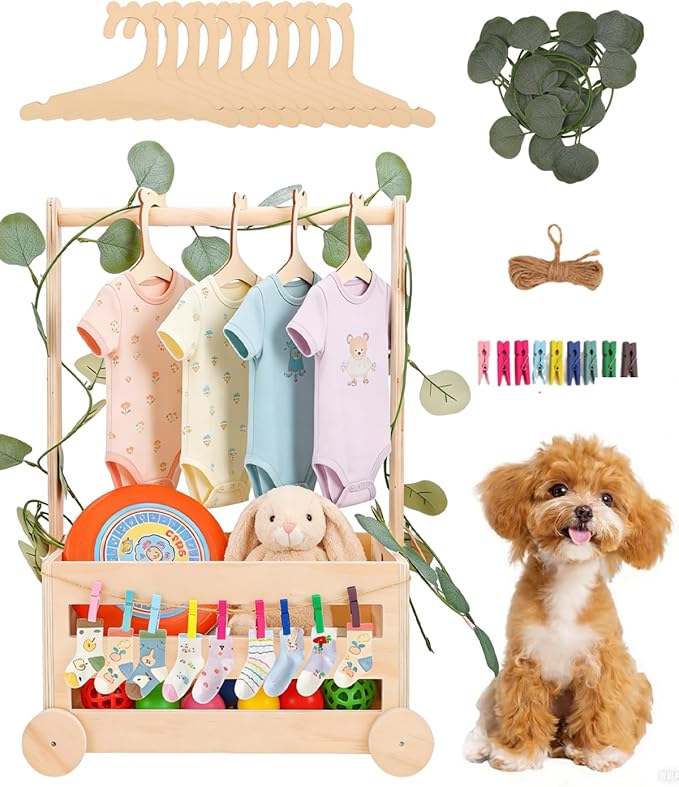 Wooden Dog Closet Pet Wardrobe Organizer, 20 x 13 x 9 Inch Pet Clothes Storage Crate with Hanging Rack, 10 Hangers, Rope & Clips for Dog Puppy Cat Toys Clothes Accessories