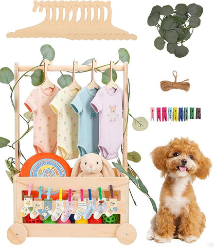 Wooden Dog Closet Pet Wardrobe Organizer, 20 x 13 x 9 Inch Pet Clothes Storage Crate with Hanging Rack, 10 Hangers, Rope & Clips for Dog Puppy Cat Toys Clothes Accessories