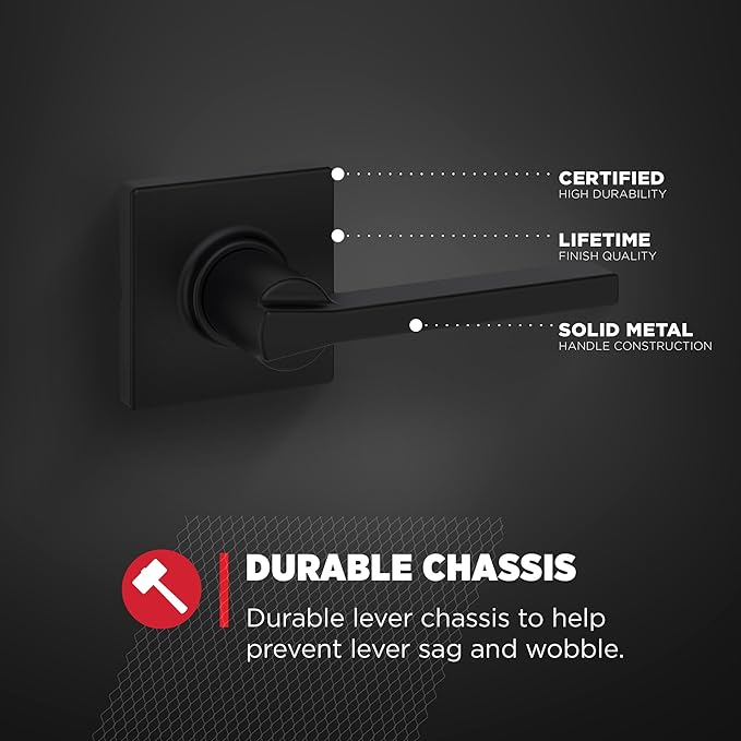 Kwikset Casey Interior Passage Door Handle, Lever For Closet and Hallway Doors, Reversible Non-Locking Handle Lever, Matte Black , with Microban Protection