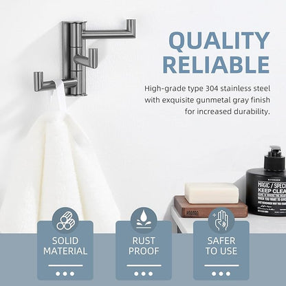Angle Simple 3 Arms Towel Hook for Bathroom, SUS304 Stainless Steel Swivel Robe Coat Hook Wall Mounted, Foldable Towel Holder, Gunmetal Gray