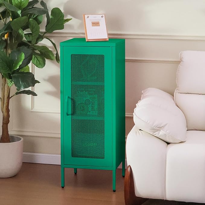 Slim Metal Storage Cabinet with Mesh Doors - 42'' Tall Narrow Organizer Tower, Compact Freestanding Cabinet, Versatile Utility Storage for Home, Office, Bedroom, or Kitchen, Durable and Modern Design