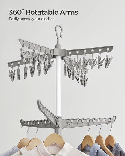 SONGMICS 2-Tier Clothes Drying Rack, 72-Inch Folding Laundry Drying Rack with 3 Rotatable Arms for Hangers, 24 Clips, Stainless Steel, for 27 Pieces of Clothes, Gray and White ULLR512G01