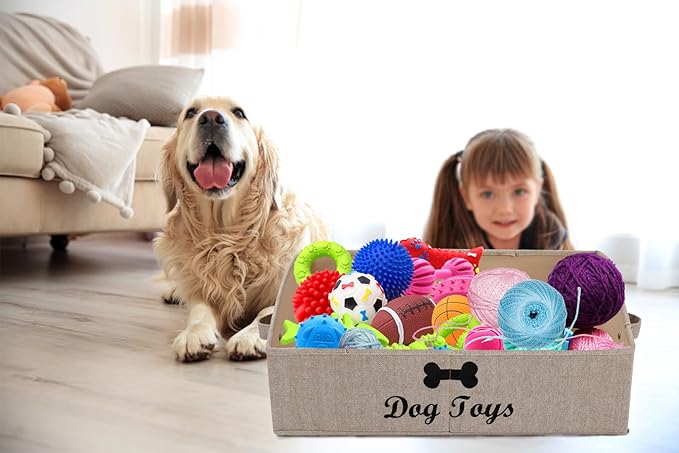 Geyecete dog toy basket Large dog toy bin dog toy box storage box - Foldable Fabric Trapezoid Organizer Boxes with Handle, Collapsible Basket for Dog Toys (KhakiStripe-DOG)