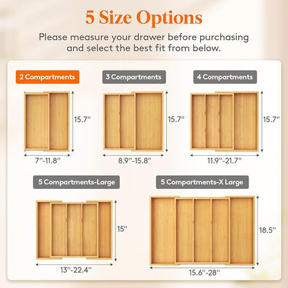 Lifewit Utensil Organizer for Kitchen Drawer, Expandable Cooking Utensil Tray, Cutlery Silverware Flatware Holder, Wood Adjustable Spatula Tools Storage Divider, 7-12 x 15.75", Natural