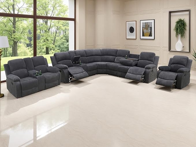 Dark Grey Corduroy Reclining Sectional Sofa Set and Recliner Loveseat Chair with Cup Holders, Living Room Sofa Set with Drop-Down Table, Storage Console for Living Room, Bedroom, Apartment