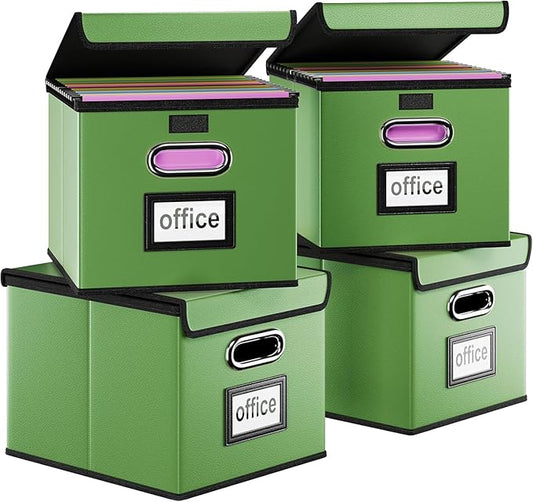 Huolewa Portable Leather File Organizer Boxes with Lids, Office Document Boxes Organizer, Filing Boxes, Decorative Small File Boxes for Hanging Files, File Cabinet for Office/Home - 4 Pack