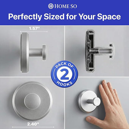 HOME SO Suction Cup Hooks for Shower & Bathroom Towel Holder 2-Pack – Suction Cups Hooks for Hanging Towels, Robes, & Coats - Tiles, Glass Door or Mirror – Shower Hooks & Towel Hooks Organizer -Nickel