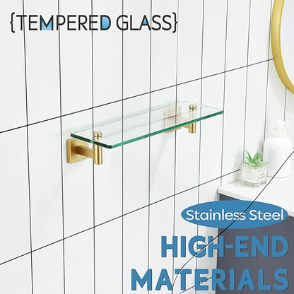 KOKOSIRI Wall Shelves Floating Shelf 16'' Stainless Steel Bathroom Hardware Tempered Glass Small Hanging Rack for Storage/Room Decor Gold B1105BG-L16