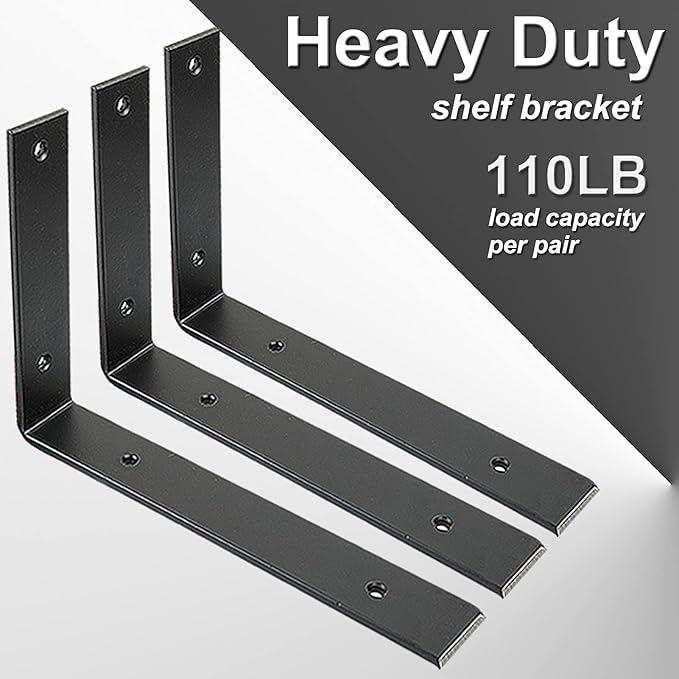 Shelf Brackets 10 Inch Wall L Brackets 8PCS Heavy Duty for Shelves Metal Black Rustic Industrial Brackets for DIY Opening Shelves Project Hardware Included