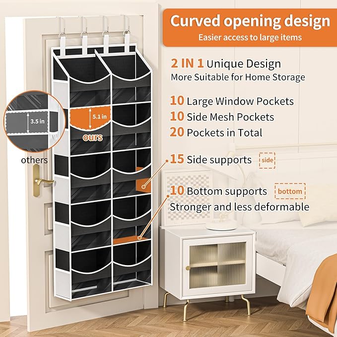Aokeyee 5 Tiers Over the Door Storage Organizer, Behind Door Storage for Baby Nursery, 80lb Capacity Door Hanging Organizer with 10 Compartments & 10 Mesh Pockets for Closet, Bedroom, Bathroom, Toys