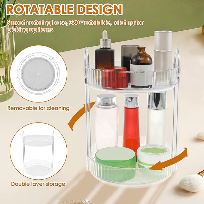360° Rotating Bathroom Countertop Organizer, 2-Tier Makeup Organizer, Multi-Function Skincare Organizer, Large Capacity Rotating Cosmetic Organizer, Rotating Vanity Organizer for Countertop (1)