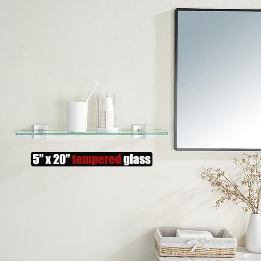 JQK Bathroom Glass Shelf, Floating Tempered Glass Shower Storage 20 by 5 inches, 304 Stainless Steel Brushed Finish Wall Mount, TGS201L20-BN