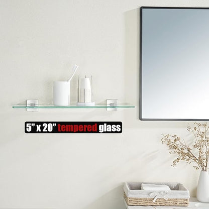 JQK Bathroom Glass Shelf, Floating Tempered Glass Shower Storage 20 by 5 inches, 304 Stainless Steel Brushed Finish Wall Mount 2 Pack 2 Pack, TGS201L20-BN-P2