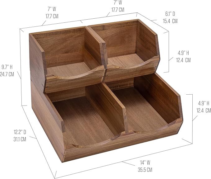 Seville Classics Premium Organizer Storage Bins for Kitchen Silverware, Pantry, Closet, Office Desk, Pens, Utensils, Makeup, K Cup, Acacia, Stackable Bin Set (3 Piece)
