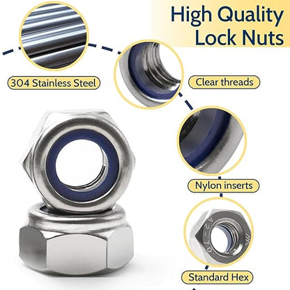 230 Pack M3-0.5mm Nylon Insert Lock Nuts，304 (A2-70) Stainless Steel Locknuts，Standard Metric Thread Nylock Nuts