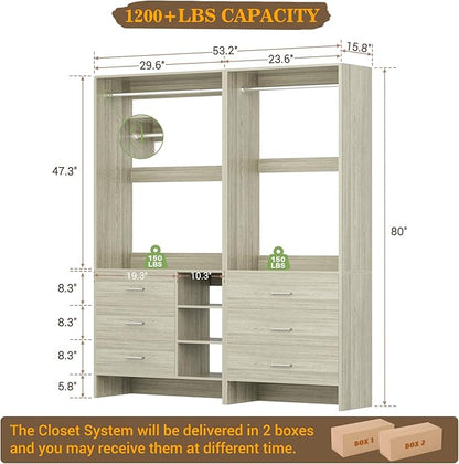 Aheaplus Closet System with 6 Drawers, 4.5ft Wood Closet Organizer System, Walk-in Closet or Small Closets Wardrobe, Clothes Rack with Hanging Rods, White Oak