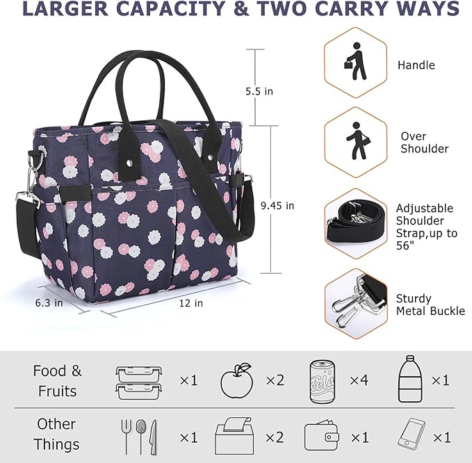 KIPBELIF Cute&Classy Roomy Insulated Lunch Bags for Women - Stylish & Functional Large Tote Adult Lunch Box for Working & Picnic (Dark Blue Plum, L)
