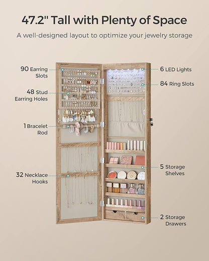 SONGMICS 6 LEDs Mirror Jewelry Cabinet, 47.2-Inch Tall Lockable Wall or Door Mounted Jewelry Armoire Organizer with Mirror, 2 Drawers, 3.9 x 14.6 x 47.2 Inches, Toasted Oak Color UJJC093N01