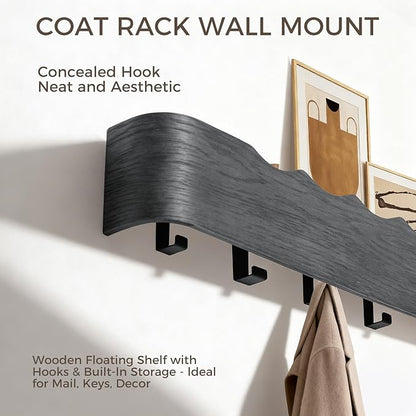 Wall Coat Rack Floating Shelves Modern Coat Rack Wall Mount with Storage Entryway Shelf Wooden Hanger 20 Inch 4 Hidden Metal Hooks for Living Room Bedroom (Wavy Black, 5 Hooks)