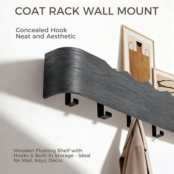Wall Coat Rack Floating Shelves Modern Coat Rack Wall Mount with Storage Entryway Shelf Wooden Hanger 20 Inch 4 Hidden Metal Hooks for Living Room Bedroom (Wavy Black, 4 Hooks)