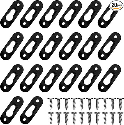 20 Pack Keyhole Hangers, 43x16mm Heavy Duty Metal Hanging Bracket Hardware Picture Fixings Wall Plate Hangers with 40 PCS Screws for Mirror Picture Frame Shelf Hangers Brackets (Black)