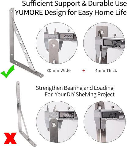 YUMORE Shelf Bracket 12", Stainless Steel Heavy Duty L Shaped Brackets Wall Mounted Floating Table Support with Hanging Holes Corner Brace 4mm Right Angle Joint Brackets, 2pcs, Max Load 400lbs