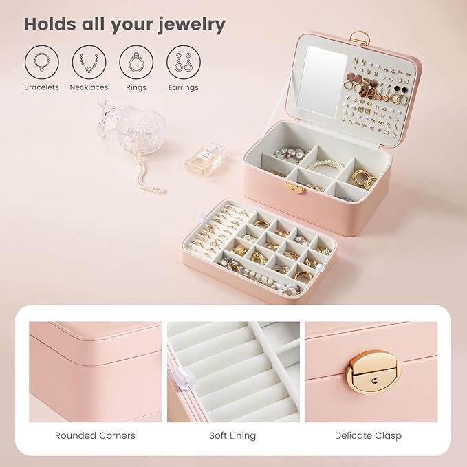 Lolalet 2 Layer Jewelry Box with Lock and Key for Teen Girls & Young Women, Jewelry Organizer Case with Round Clasp and Mirror for Earrings Rings Necklaces Storage, Gift Idea -Lightpink