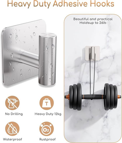 4 Pack Large Heavy Duty Wall Hooks - 26lb Max, Stainless Steel Adhesive Towel Hook, Shower Hooks for Hanging Towel, Coat, Robe, Wall Hook for Use in Bathroom, Kitchen and Door