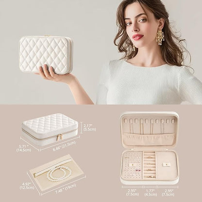 Lolalet Travel Jewelry Case for Women Girls, Travel Jewelry Organizer Box with Mirror & Clear Storage Bag, Small Portable Earring Necklace Bracelet Ring Case, Birthday Valentine Gifts -Medium, White