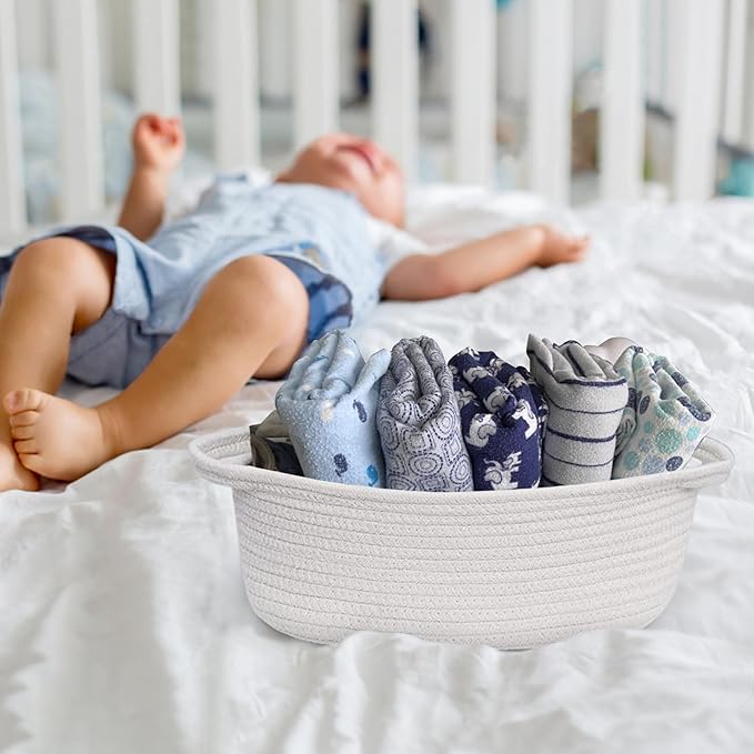 Small Woven Gift Basket, Baskets for Gifts Empty, Cotton Rope Cat Dog Toy Bin Box, Nursery Baby Basket, Wicker Basket with Handles, Cute Storage Basket for Home Decor, White, 12"x 8"x 5"