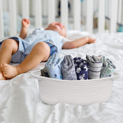 Small Woven Gift Basket, Baskets for Gifts Empty, Cotton Rope Cat Dog Toy Bin Box, Nursery Baby Basket, Wicker Basket with Handles, Cute Storage Basket for Home Decor, White, 12"x 8"x 5"