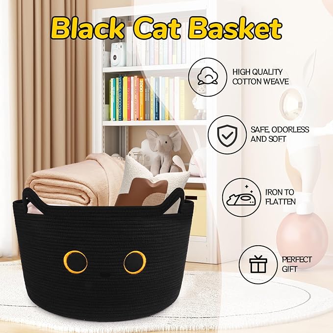 Large Black Cat Basket for Nursery, Cute Cat Woven Laundry Blanket Cotton Rope Extra Storage Basket with Handles, 0rganize Decorative Gifts for Towels Pillow Clothes Hamper Toy Bin,23"D×13"H