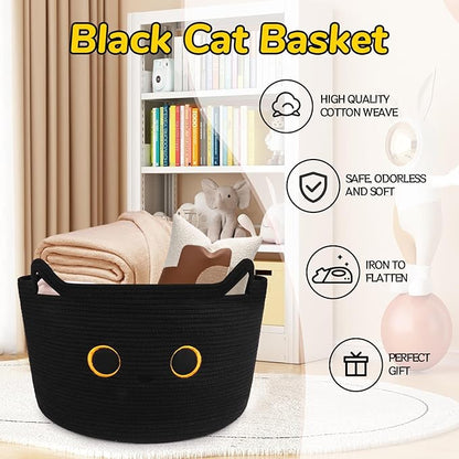 Large Black Cat Basket for Nursery, Cute Cat Woven Laundry Blanket Cotton Rope Extra Storage Basket with Handles, 0rganize Decorative Gifts for Towels Pillow Clothes Hamper Toy Bin,23"D×13"H